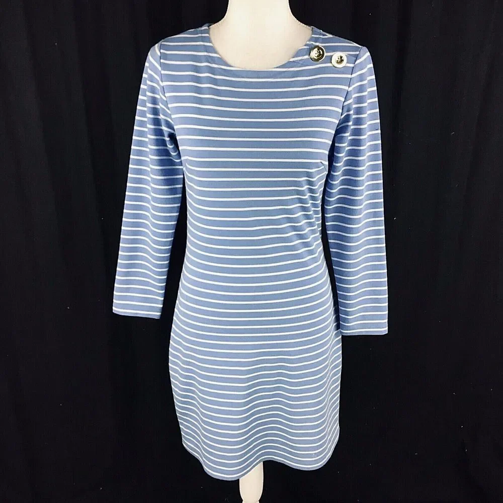 Sail to Sable Womens‎ Sheath Tunic Dress Size XS Blue 3/4 Sleeve Gold Button